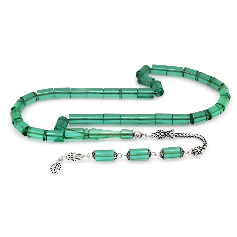 925 Sterling Silver Cut Water Green Fire Amber Rosary with Tassels - EFENDINA PAZAR - Tesbihane - 101004018