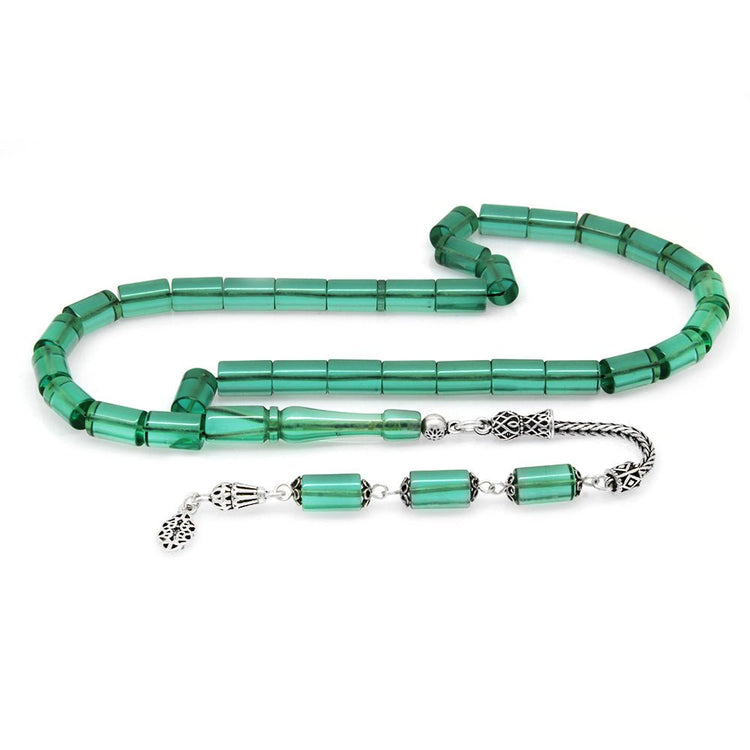 925 Sterling Silver Cut Water Green Fire Amber Rosary with Tassels - EFENDINA PAZAR - Tesbihane - 101004018