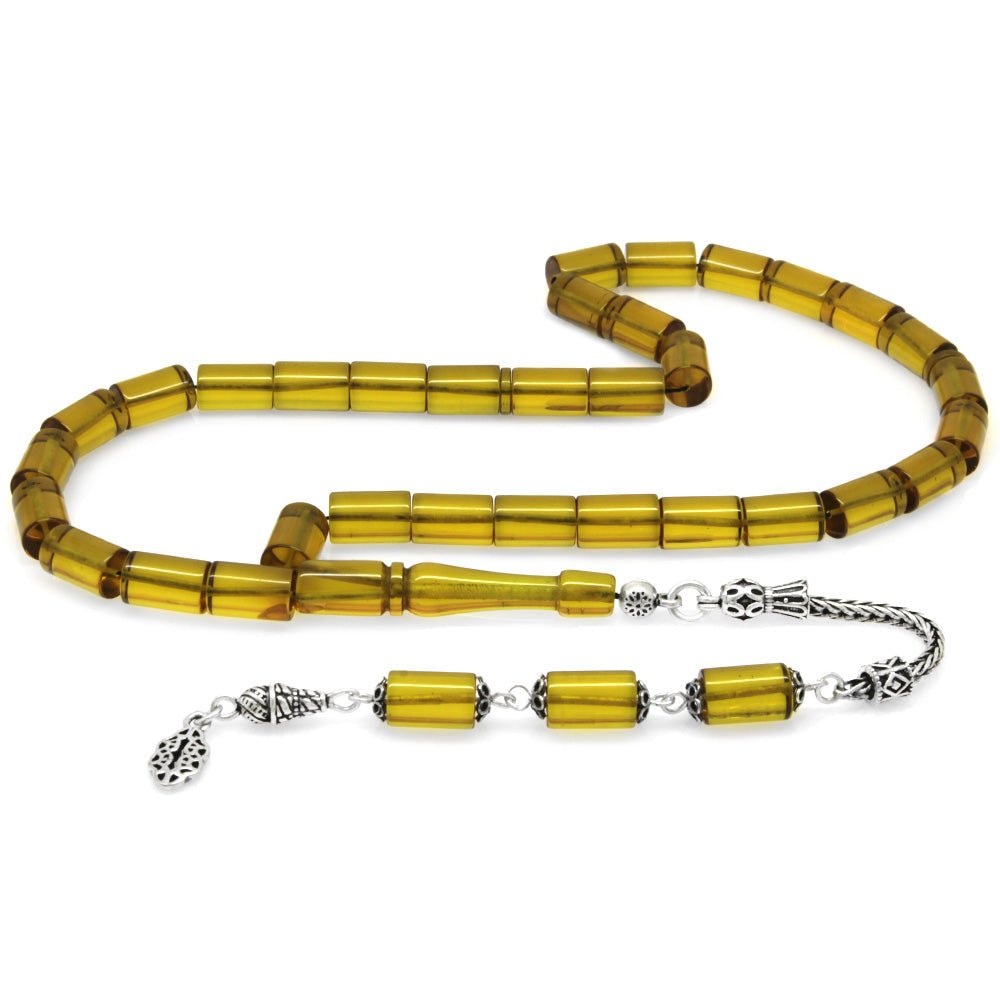 925 Sterling Silver Cut Yellow Fire Amber Rosary with Tassels - EFENDINA PAZAR - Tesbihane - 101004012