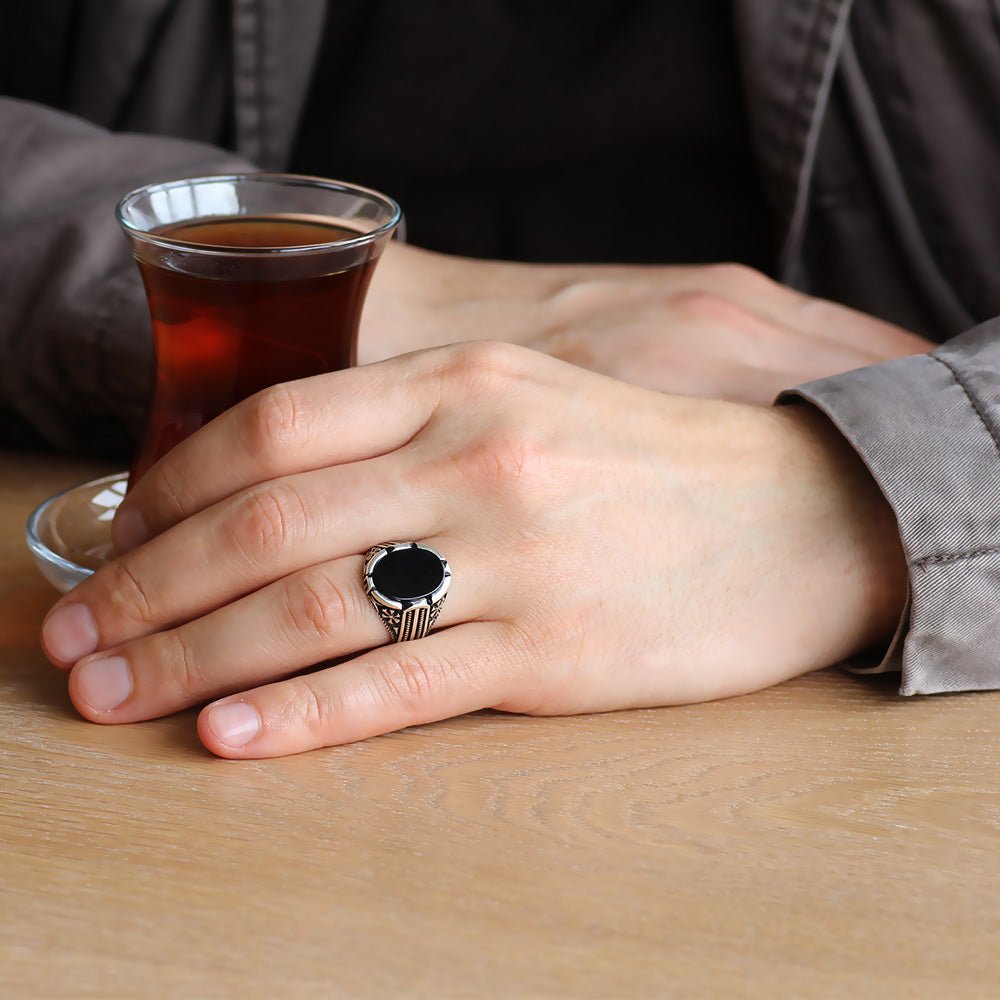 925 Sterling Silver Domed Black Onyx Stone Men's Ring - EFENDINA PAZAR - Tesbihane - 102001539