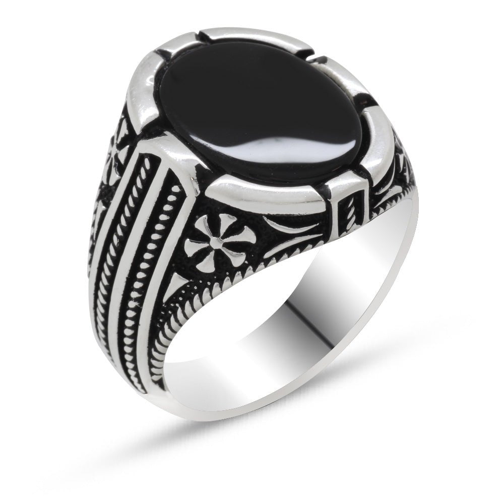 925 Sterling Silver Domed Black Onyx Stone Men's Ring - EFENDINA PAZAR - Tesbihane - 102001539