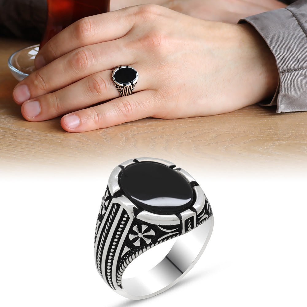 925 Sterling Silver Domed Black Onyx Stone Men's Ring - EFENDINA PAZAR - Tesbihane - 102001539