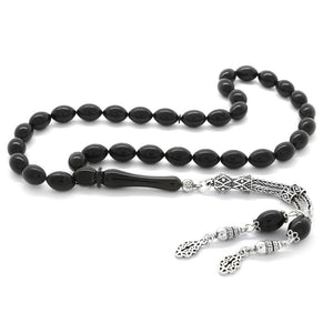 925 Sterling Silver Double Tasseled Barley Cut Black Crimped Amber Rosary - EFENDINA PAZAR - Tesbihane - 101002076