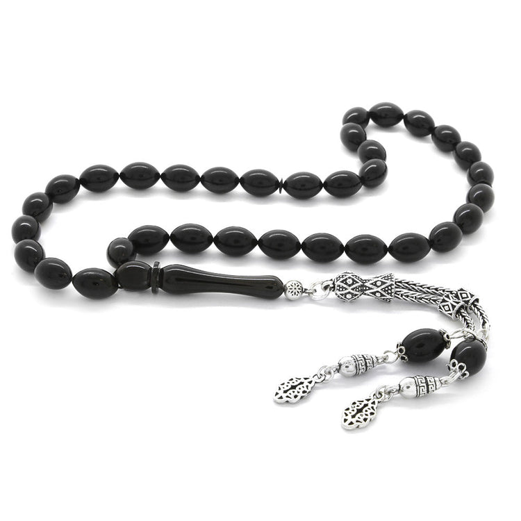 925 Sterling Silver Double Tasseled Barley Cut Black Crimped Amber Rosary - EFENDINA PAZAR - Tesbihane - 101002076