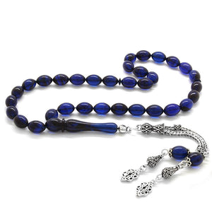 925 Sterling Silver Double Tasseled Barley Cut Blue - Black Squeezed Amber Rosary - EFENDINA PAZAR - Tesbihane - 101002932