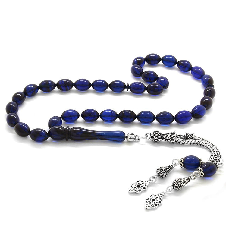 925 Sterling Silver Double Tasseled Barley Cut Blue - Black Squeezed Amber Rosary - EFENDINA PAZAR - Tesbihane - 101002932