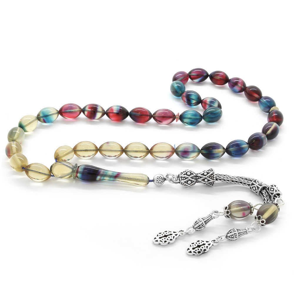 925 Sterling Silver Double Tasseled Barley Cut Filtered Bonibon Fire Amber Rosary - EFENDINA PAZAR - Tesbihane - 101002077