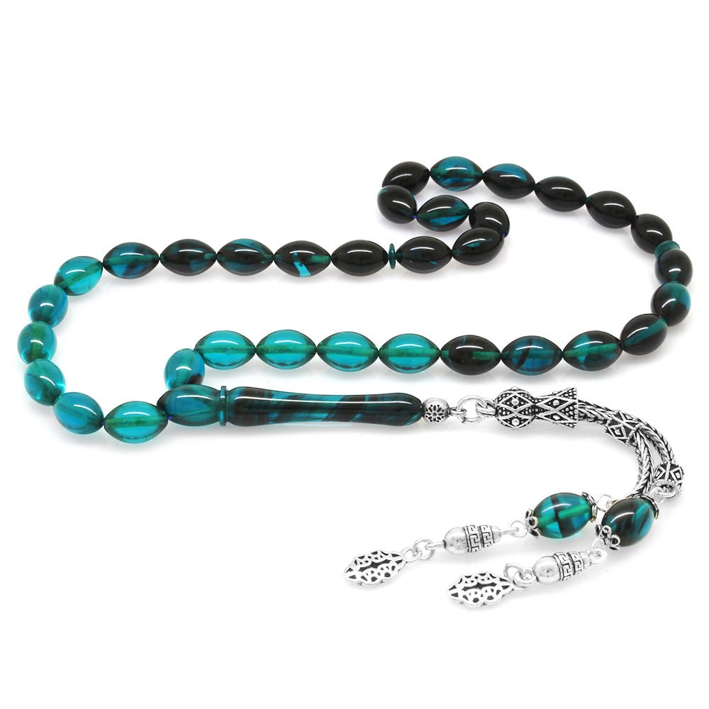 925 Sterling Silver Double Tasseled Barley Cut Filtered Turquoise - Black Fire Amber Rosary - EFENDINA PAZAR - Tesbihane - 101001921