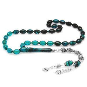 925 Sterling Silver Double Tasseled Barley Cut Filtered Turquoise - Black Fire Amber Rosary - EFENDINA PAZAR - Tesbihane - 101001921