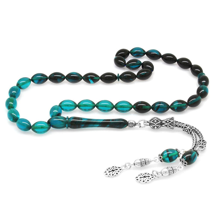 925 Sterling Silver Double Tasseled Barley Cut Filtered Turquoise - Black Fire Amber Rosary - EFENDINA PAZAR - Tesbihane - 101001921