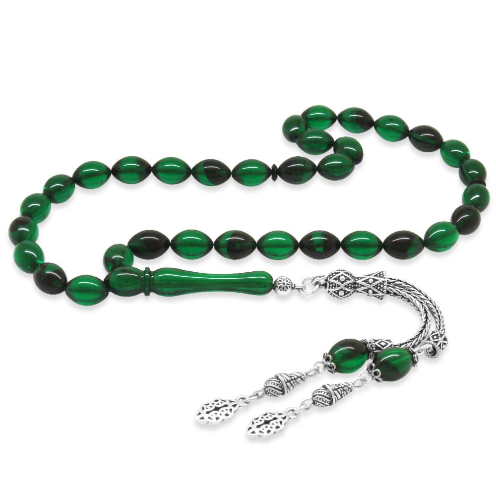 925 Sterling Silver Double Tasseled Barley Cut Green - Black Fire Amber Rosary - EFENDINA PAZAR - Tesbihane - 101004833