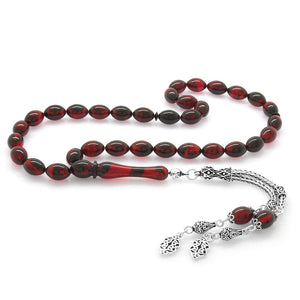 925 Sterling Silver Double Tasseled Barley Cut Red - Black Fire Amber Rosary - EFENDINA PAZAR - Tesbihane - 101003069