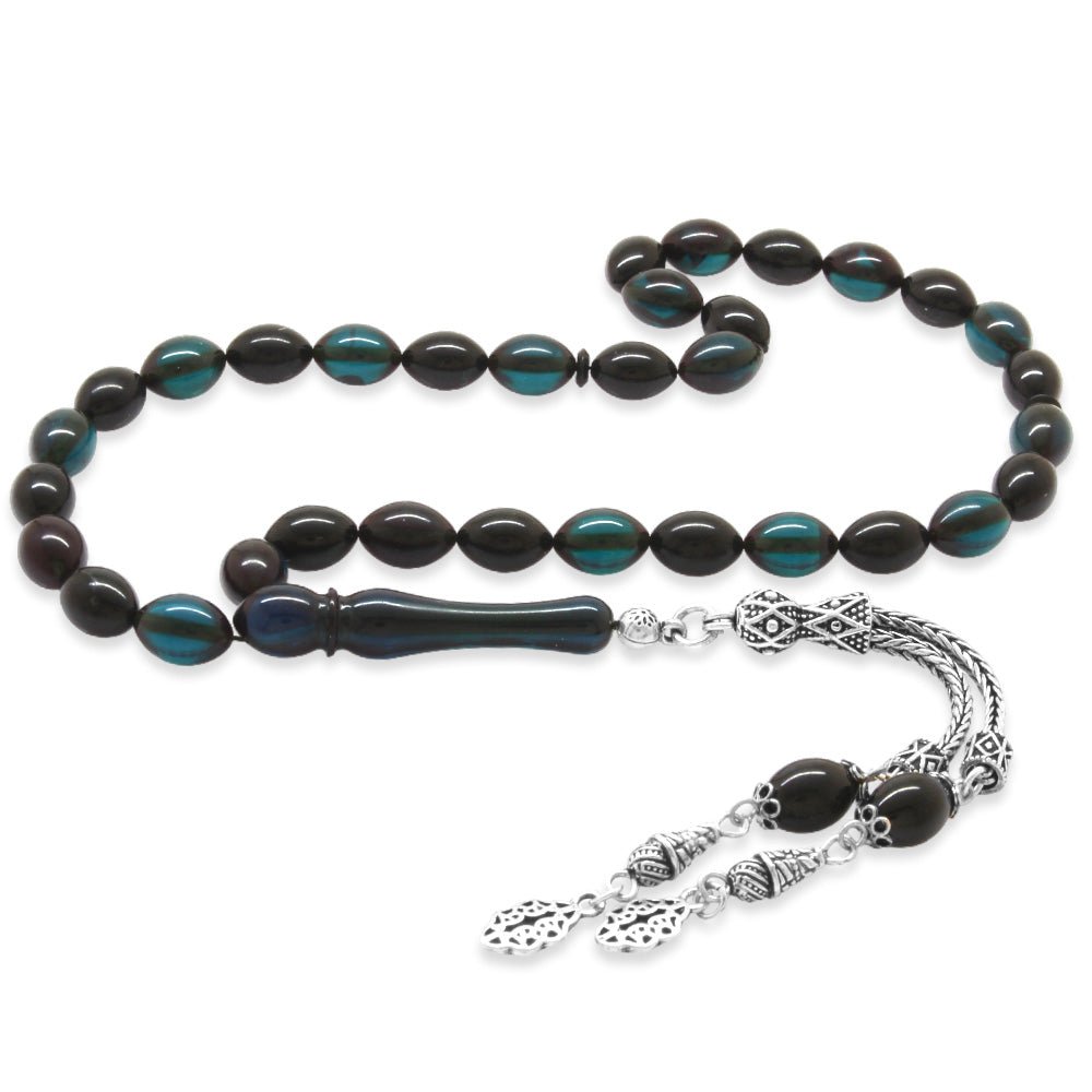 925 Sterling Silver Double Tasseled Barley Cut Turquoise - Black Fire Amber Rosary - EFENDINA PAZAR - Tesbihane - 101004831