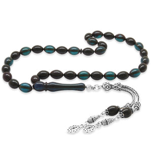 925 Sterling Silver Double Tasseled Barley Cut Turquoise - Black Fire Amber Rosary - EFENDINA PAZAR - Tesbihane - 101004831