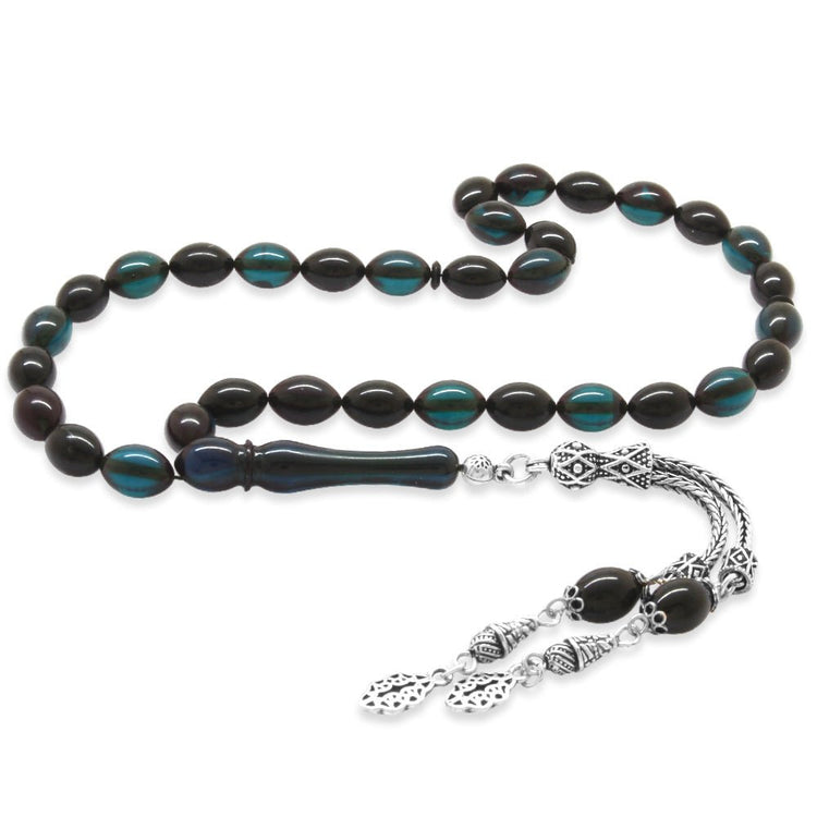 925 Sterling Silver Double Tasseled Barley Cut Turquoise - Black Fire Amber Rosary - EFENDINA PAZAR - Tesbihane - 101004831