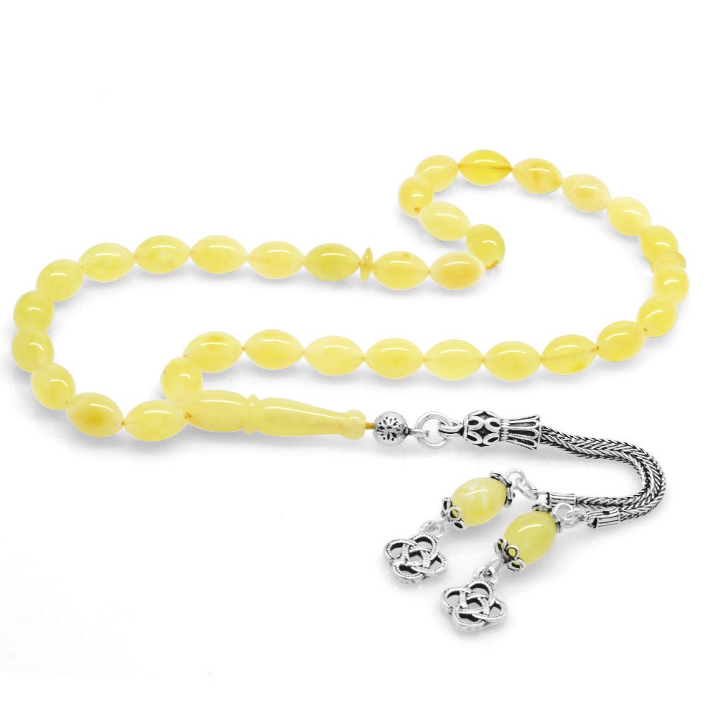 925 Sterling Silver Double Tasseled Barley Cut Yellow - White Moire Drop Amber Rosary - EFENDINA PAZAR - Tesbihane - 101003570