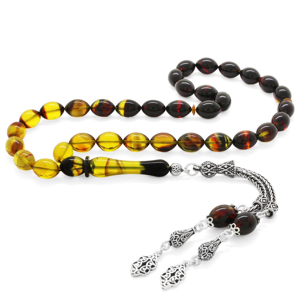 925 Sterling Silver Double Tasseled Black Fire Amber Rosary - EFENDINA PAZAR - Tesbihane - 101002307