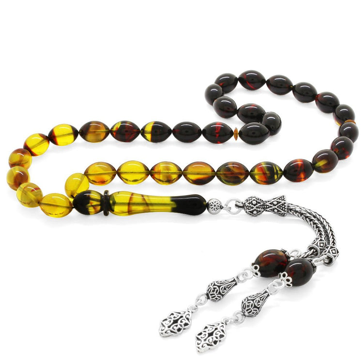925 Sterling Silver Double Tasseled Black Fire Amber Rosary - EFENDINA PAZAR - Tesbihane - 101002307