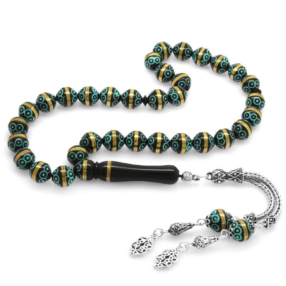 925 Sterling Silver Double Tasseled Brass Spiral Turquoise Enamel Patterned Istanbul Cut Kuka Rosary - EFENDINA PAZAR - Tesbihane - 101003605