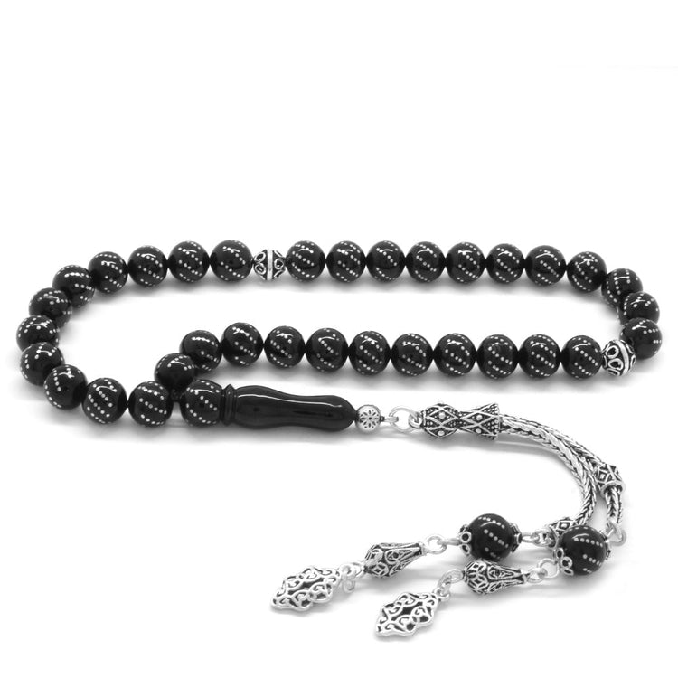 925 Sterling Silver Double Tasseled Erzurum Oltu Stone Prayer Beads - EFENDINA PAZAR - Tesbihane - 101002828