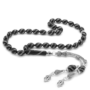 925 Sterling Silver Double Tasseled Erzurum Oltu Stone Prayer Beads - EFENDINA PAZAR - Tesbihane - 101002831