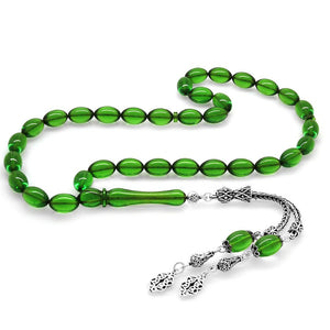 925 Sterling Silver Double Tasseled Green Amber Rosary - EFENDINA PAZAR - Tesbihane - 101003845