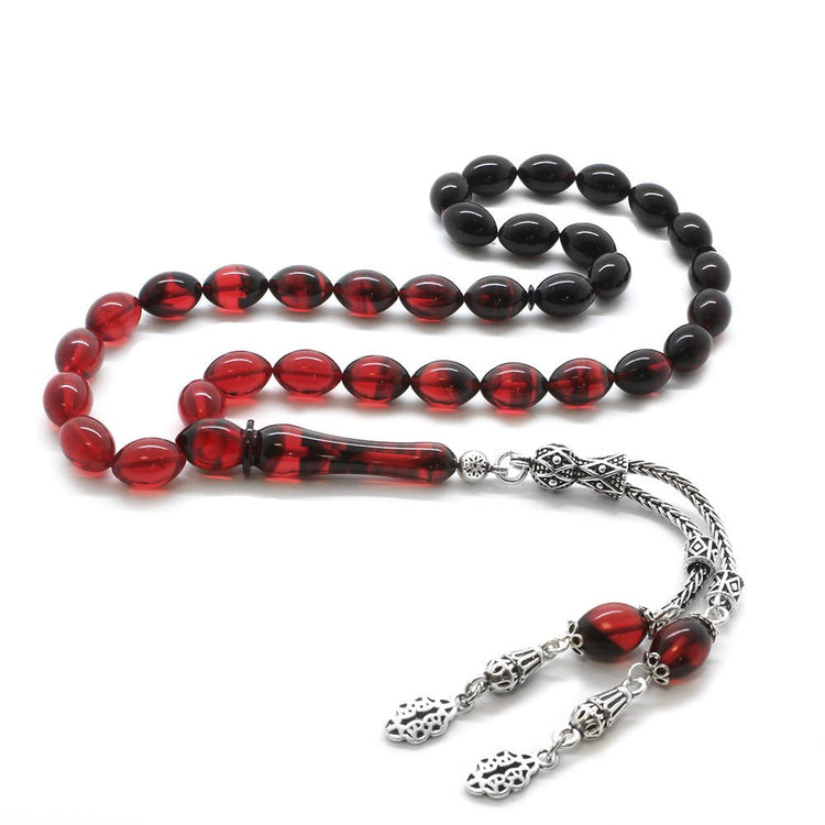 925 Sterling Silver Double Tasseled Red - Black Fire Amber Rosary - EFENDINA PAZAR - Tesbihane - 101001808