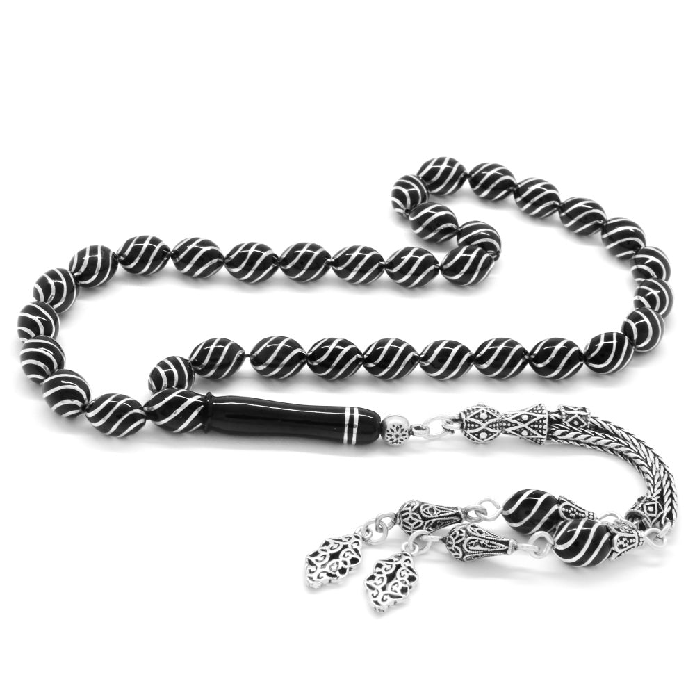 925 Sterling Silver Double Tasseled Silver Erzurum Oltu Stone Prayer Beads - EFENDINA PAZAR - Tesbihane - 101002829