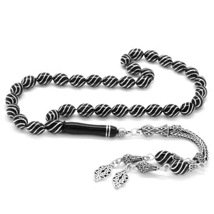 925 Sterling Silver Double Tasseled Silver Erzurum Oltu Stone Prayer Beads - EFENDINA PAZAR - Tesbihane - 101002829