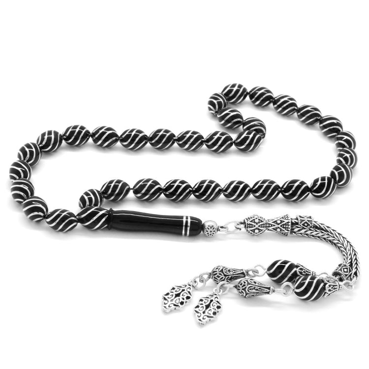 925 Sterling Silver Double Tasseled Silver Erzurum Oltu Stone Prayer Beads - EFENDINA PAZAR - Tesbihane - 101002829