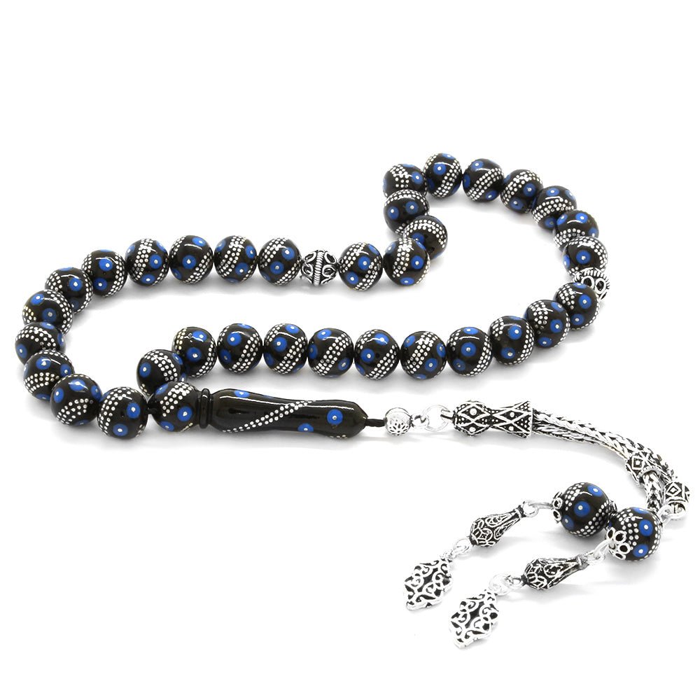 925 Sterling Silver Double Tasseled Silver - Turquoise Embroidered Erzurum Oltu Stone Rosary - EFENDINA PAZAR - Tesbihane - 101002841