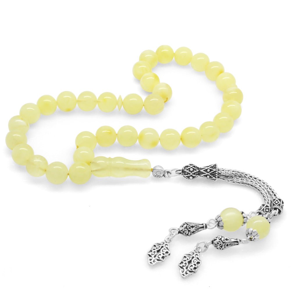 925 Sterling Silver Double Tasseled Sphere Cut Yellow - White Moire Drop Amber Rosary - EFENDINA PAZAR - Tesbihane - 101003579