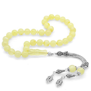 925 Sterling Silver Double Tasseled Sphere Cut Yellow - White Moire Drop Amber Rosary - EFENDINA PAZAR - Tesbihane - 101003579