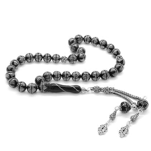 925 Sterling Silver Double Tasseled Star Embroidered Erzurum Oltu Stone Prayer Beads - EFENDINA PAZAR - Tesbihane - 101002835