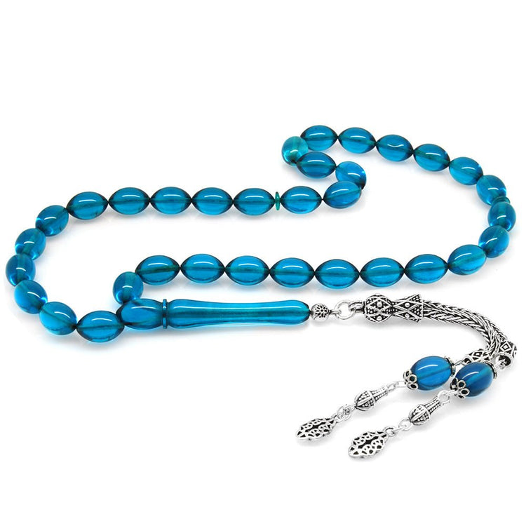 925 Sterling Silver Double Tasseled Turquoise Amber Rosary - EFENDINA PAZAR - Tesbihane - 101004233