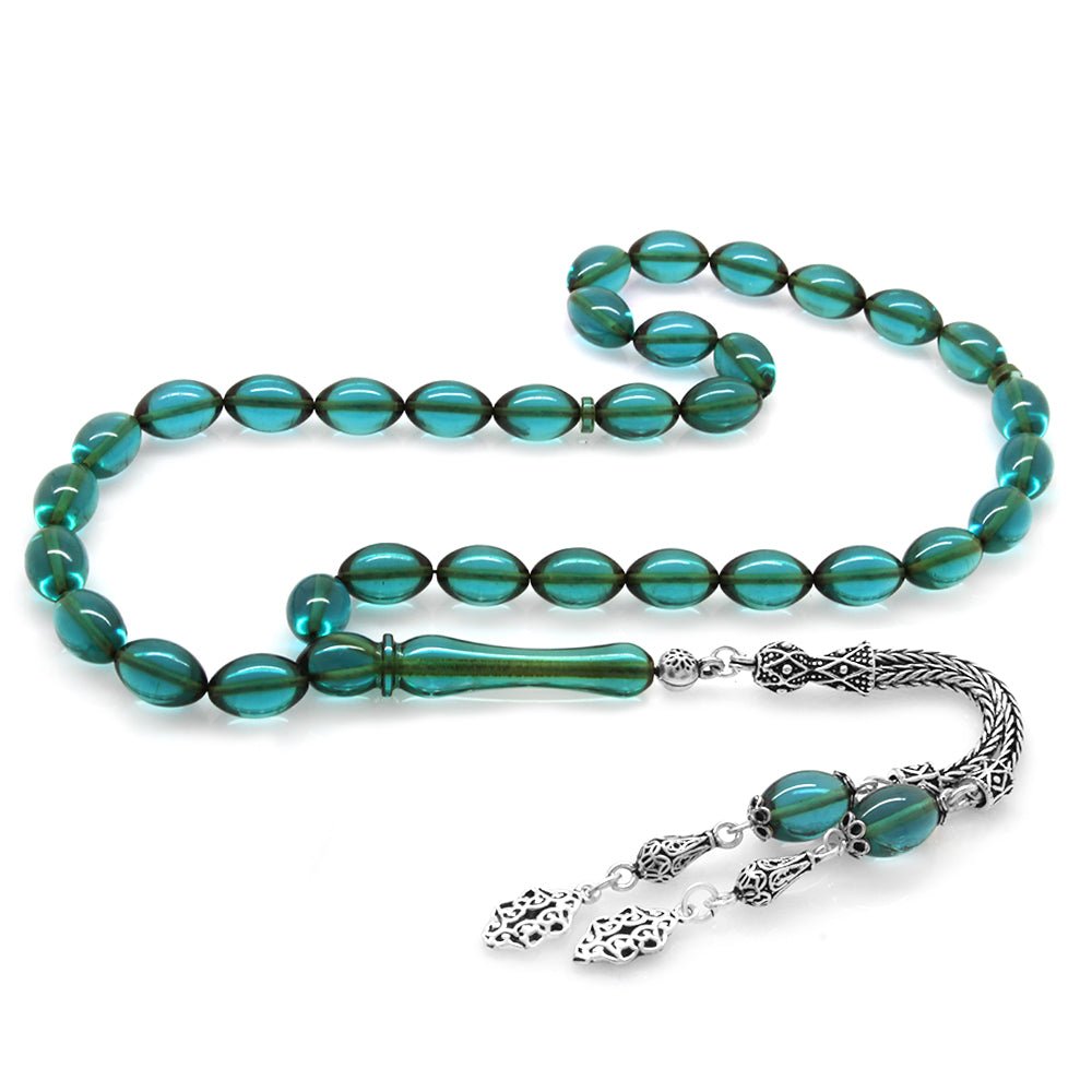 925 Sterling Silver Double Tasseled Water Blue Amber Rosary - EFENDINA PAZAR - Tesbihane - 101003825