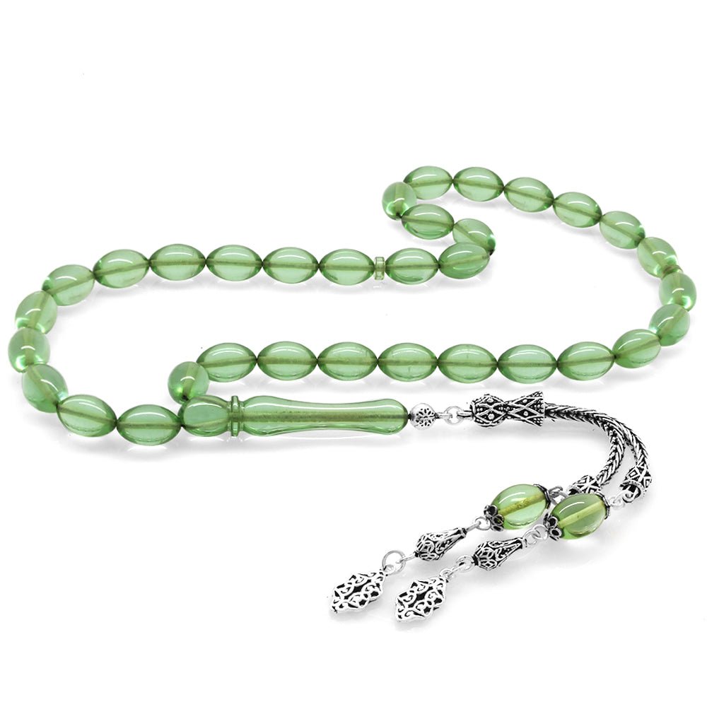 925 Sterling Silver Double Tasseled Water Green Amber Rosary - EFENDINA PAZAR - Tesbihane - 101003830
