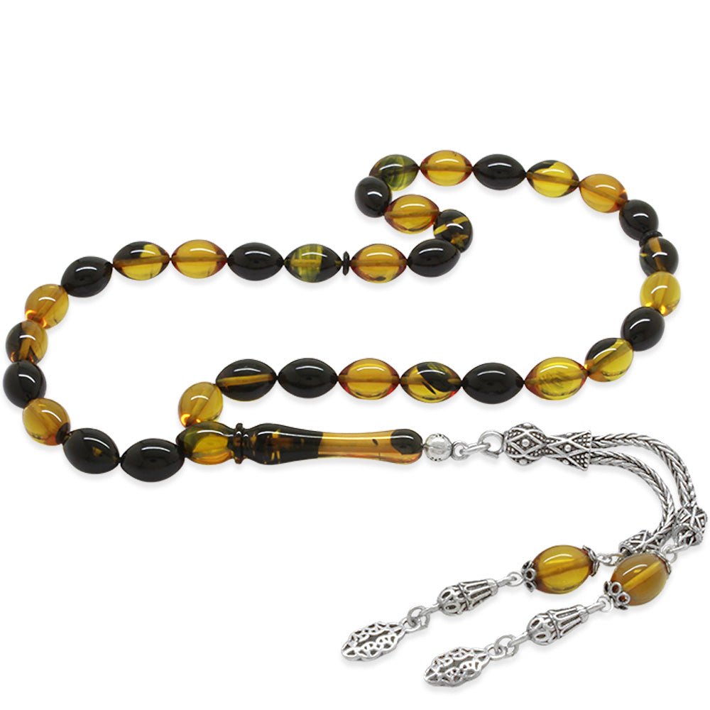 925 Sterling Silver Double Tasseled Yellow - Black Amber Rosary - EFENDINA PAZAR - Tesbihane - 101004227