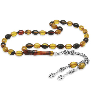 925 Sterling Silver Double Tassels Barley Cut Bala - Black Fire Amber Rosary - EFENDINA PAZAR - Tesbihane - 101004832