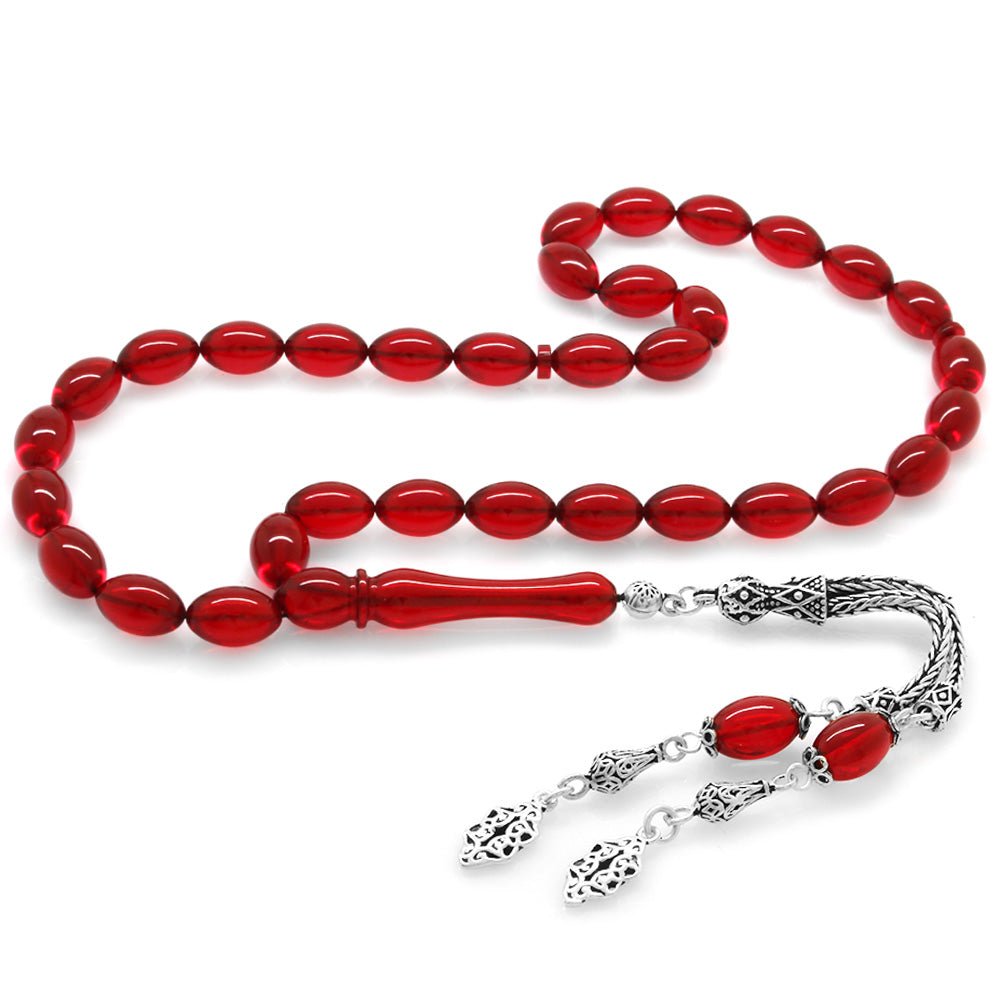925 Sterling Silver Double Tassels Flag Red Amber Rosary - EFENDINA PAZAR - Tesbihane - 101003855