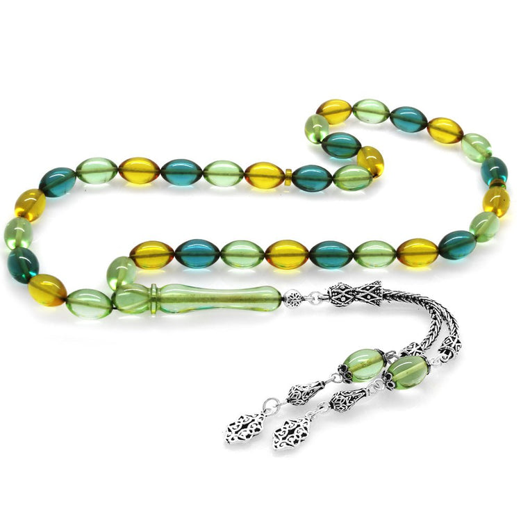 925 Sterling Silver Double Tassels Mixed Pastel Amber Rosary - EFENDINA PAZAR - Tesbihane - 101003860