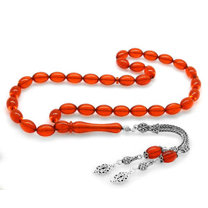 925 Sterling Silver Double Tassels Red Amber Rosary - EFENDINA PAZAR - Tesbihane - 101003850