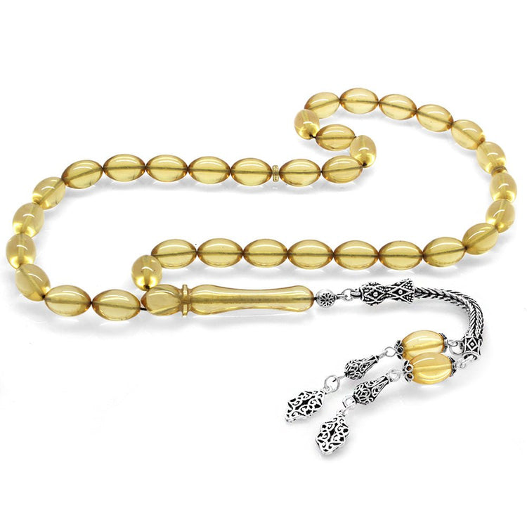 925 Sterling Silver Double Tassels Transparent White Amber Rosary - EFENDINA PAZAR - Tesbihane - 101003835