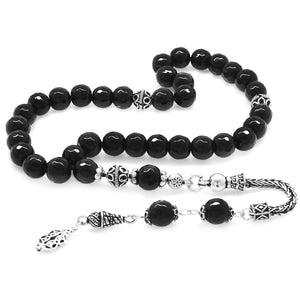925 Sterling Silver Faceted Sphere Cut Onyx Natural Stone Prayer Beads with Tassels - EFENDINA PAZAR - Tesbihane - 101004118