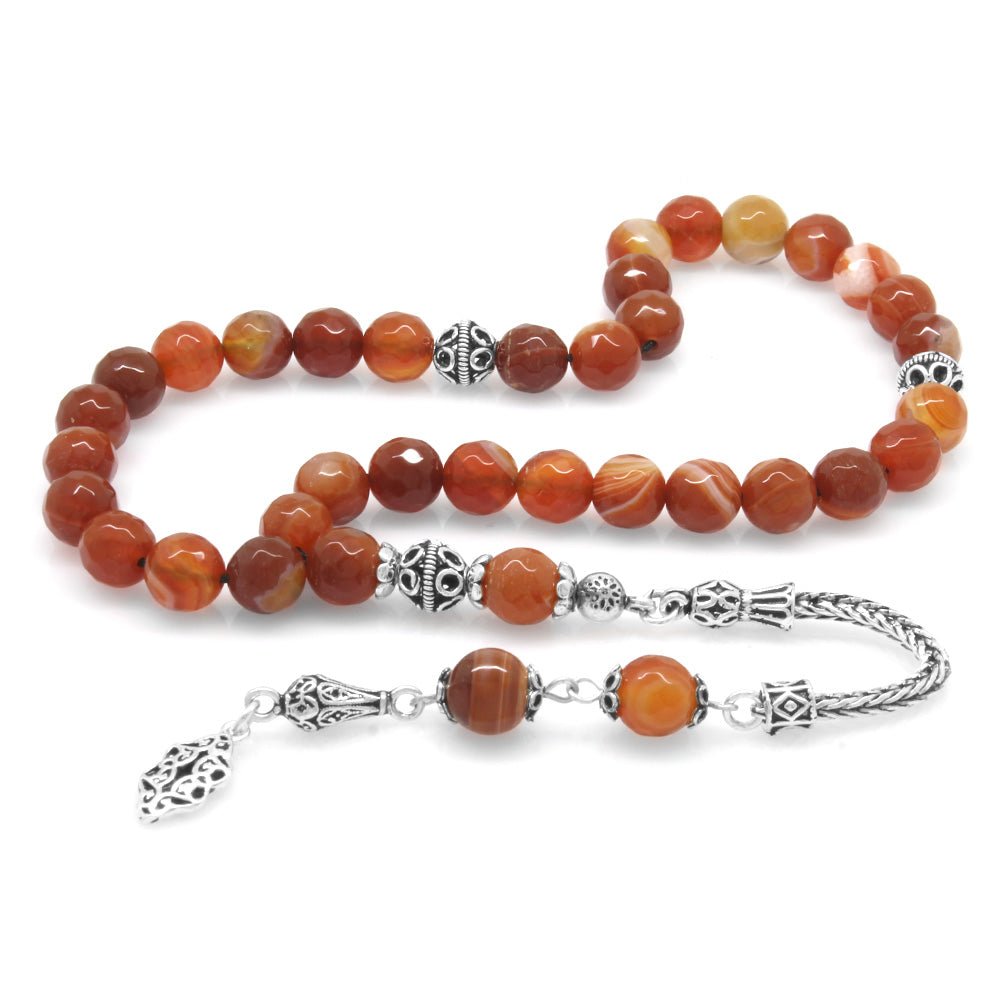 925 Sterling Silver Faceted Sphere Cut Red Agate Natural Stone Prayer Beads with Tassels - EFENDINA PAZAR - Tesbihane - 101003892