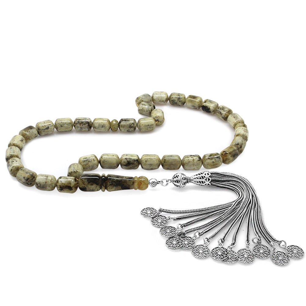 925 Sterling Silver Filigree Seljuk Motif Tasseled Capsule Cut Dalmatian Drop Amber Rosary - EFENDINA PAZAR - Tesbihane - 101004292