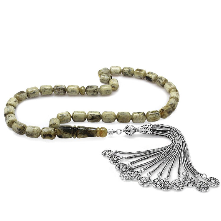 925 Sterling Silver Filigree Seljuk Motif Tasseled Capsule Cut Dalmatian Drop Amber Rosary - EFENDINA PAZAR - Tesbihane - 101004292