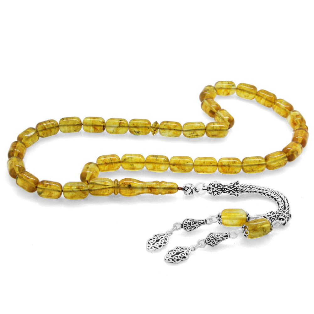 925 Sterling Silver Fossil Light Yellow Drop Amber Rosary - EFENDINA PAZAR - Tesbihane - 101003335