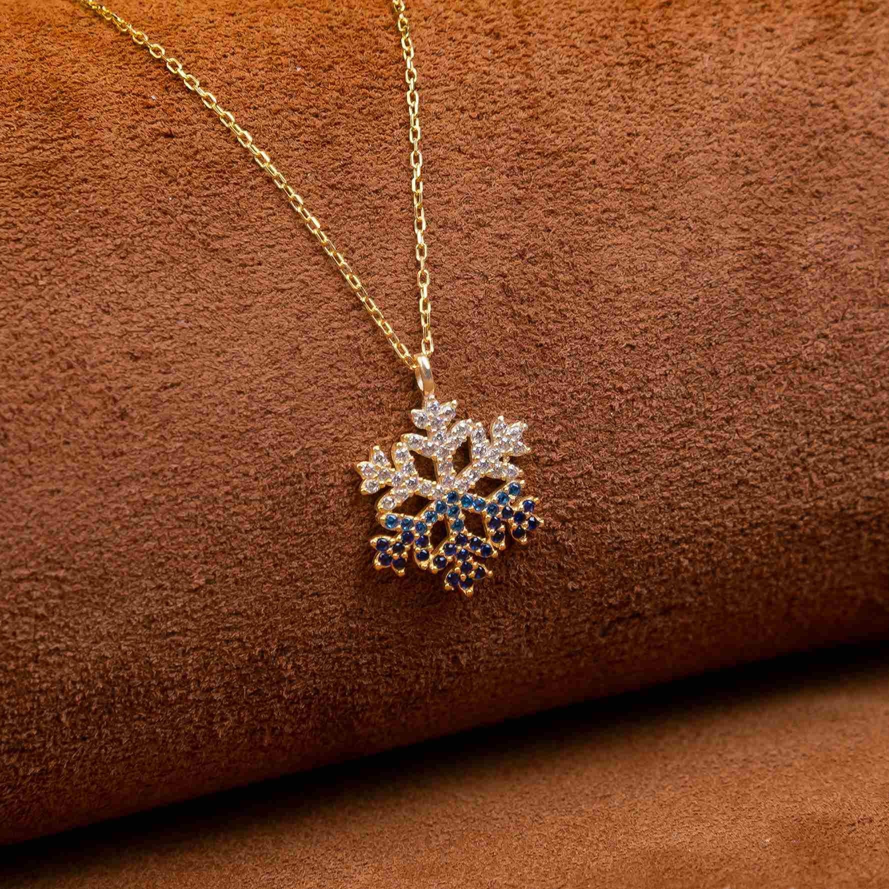 925 Sterling Silver Gold Plated Aura Snowflake Model Necklace - EFENDINA PAZAR - Ve Tesbih - vealisveris - Z3151
