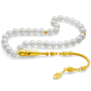 925 Sterling Silver Gold Tasseled Pearl Stone Prayer Beads - EFENDINA PAZAR - Tesbihane - 101002296
